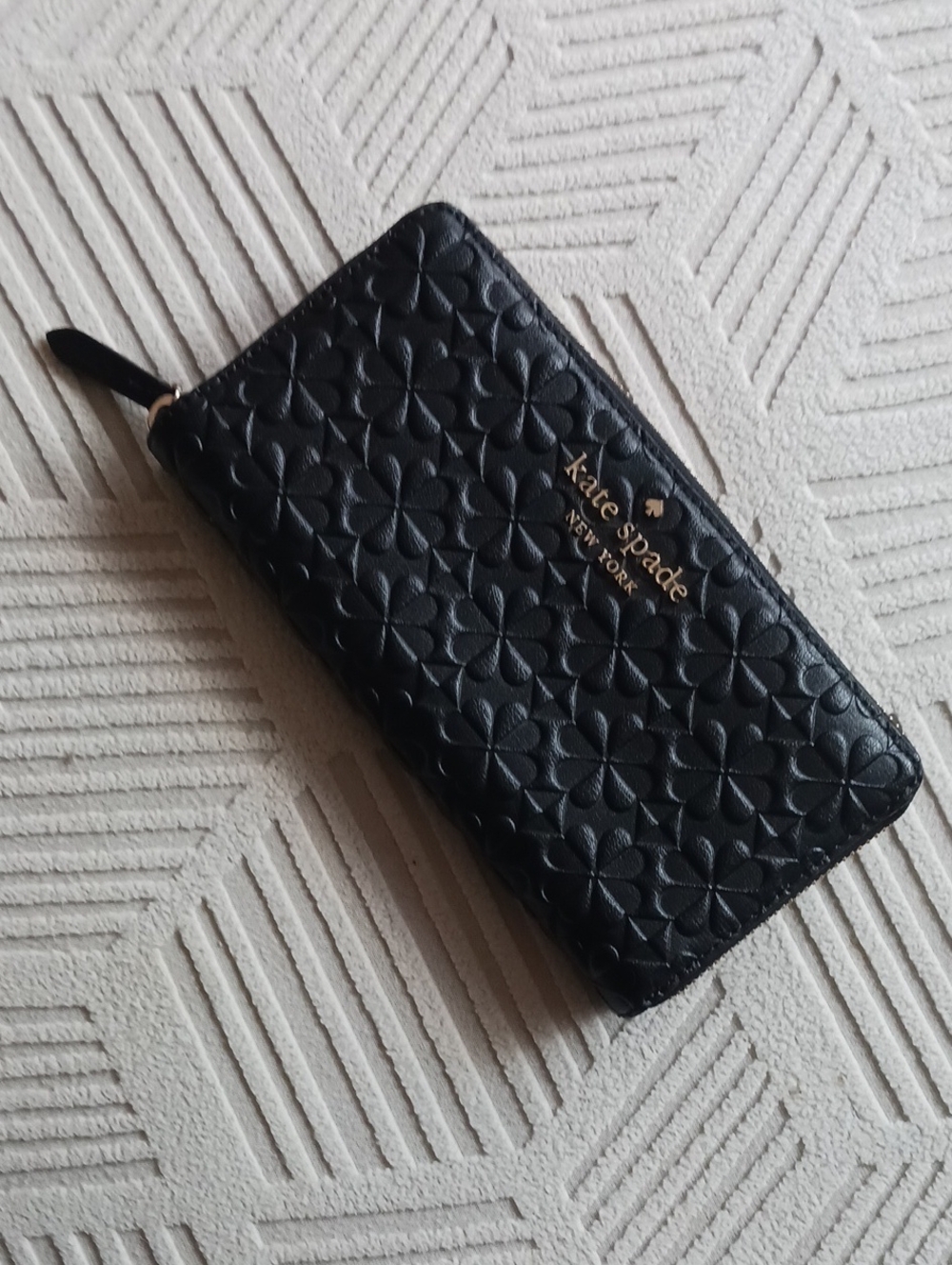 kate spade Black Embossed Floral Zip Around Wallet with Gold Logo